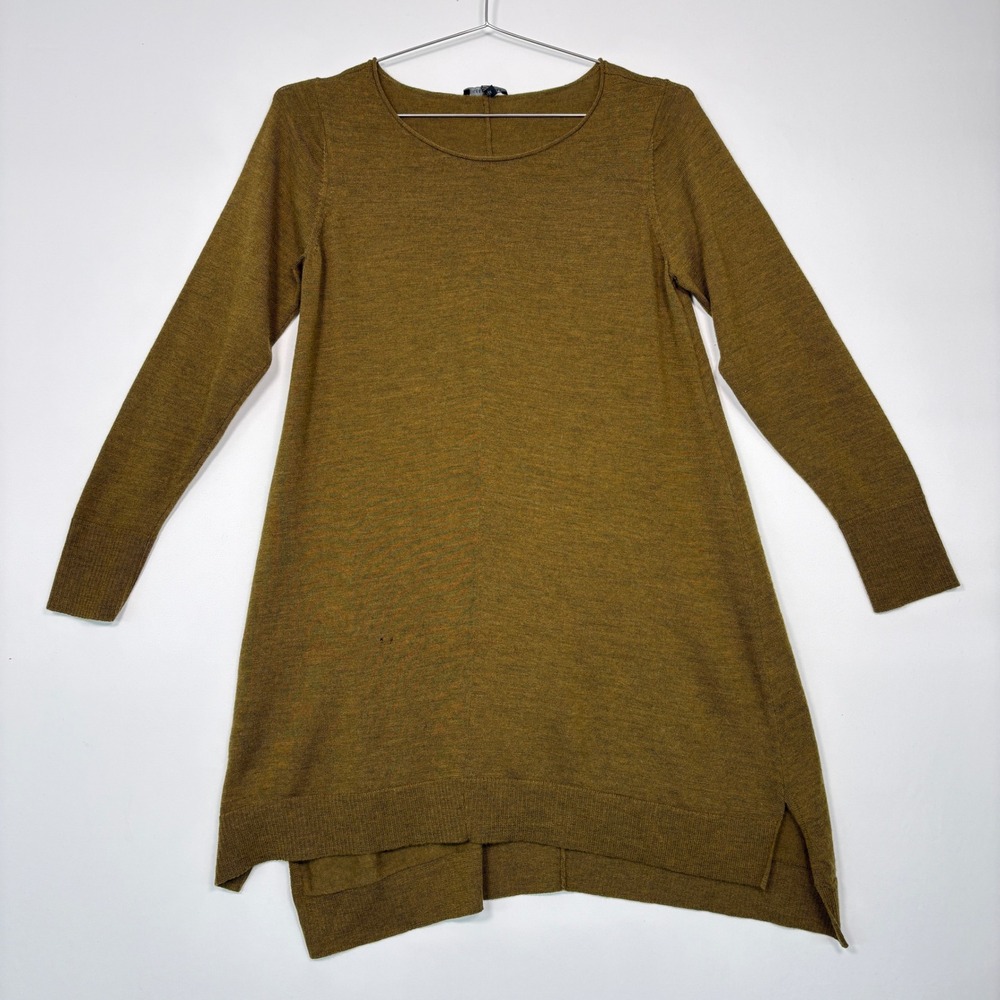 Eileen Fisher Womens Tunic Sweater M Olive Ochre 100% Merino Wool Italian Yarn